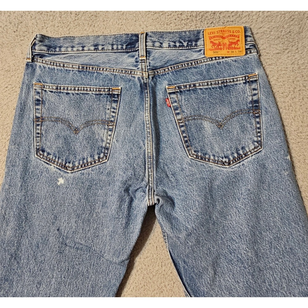 Levis Jeans Mens 36x34 Blue 505 Regular Fit Straight Leg Classic Paint Splatter